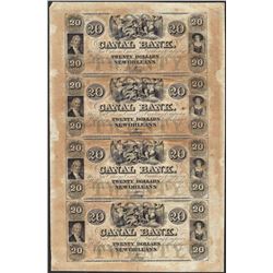 Uncut Sheet of 1800's $20 Canal Bank Obsolete Notes