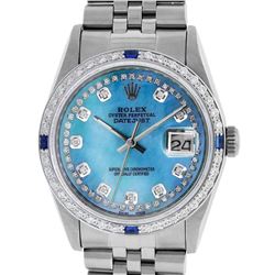 Rolex Mens Stainless Steel Blue String Diamond & Sapphire Datejust Wristwatch