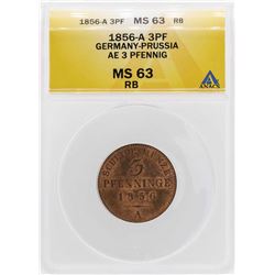 1856 Germany-Prussia AE 3 Pfennig Copper Coin ANACS MS63RB