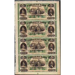 Uncut Sheet of 1800's $5 Citizens Bank of Louisiana Obsolete Notes