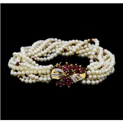 2.50 ctw Ruby, Diamond and Pearl Bracelet - 14KT Yellow Gold