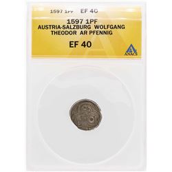 1597 Austria-Salzburg Wolfgang Theodor AR Pfenning Coin ANACS XF40