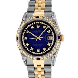 Rolex Mens 2 Tone 14K Lugs Blue Vignette Diamond String & Sapphire Datejust Wris