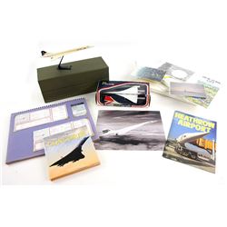 Concorde memorabilia including Menus, Luggage tickets, Flight Certificate, photos, Coasters, drinks 