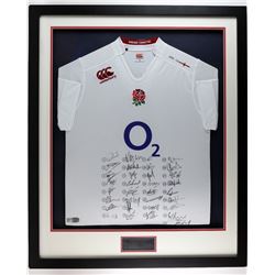 England Rugby Shirt from 2015 - Signed by 33 members of the Squad in a framed display, 34 x 41 inche