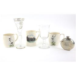 Cricket interest - Two presentation glasses, three Staffordshire mugs & an engraved hip flask & a la