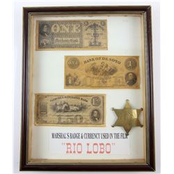 Rio Lobo (1970) - Marshal's badge and civil war currency from the movie starring John Wayne, framed 