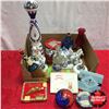 Image 1 : Red, White & Blue Theme Grouping: Oil Lamp, Paper Weights, Decanter, Lighters, Figurines, Tobacco Ti