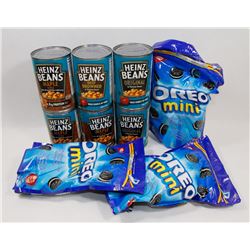 LOT OF HEINZ BEANS AND OREO COOKIES.