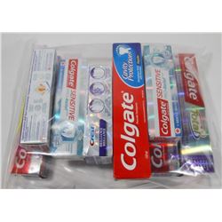 BAG OF ASSORTED TOOTHPASTES.