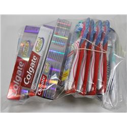 BAG OF ASSORTED TOOTHBRUSHES AND TOOTHPASTES.