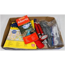 FLAT OF ASSORTED INCLUDING MAPS, CAN OPENER