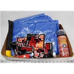 FLAT OF ASSORTED INCLUDING TARPS TOOLS AND MORE.