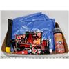 Image 1 : FLAT OF ASSORTED INCLUDING TARPS TOOLS AND MORE.