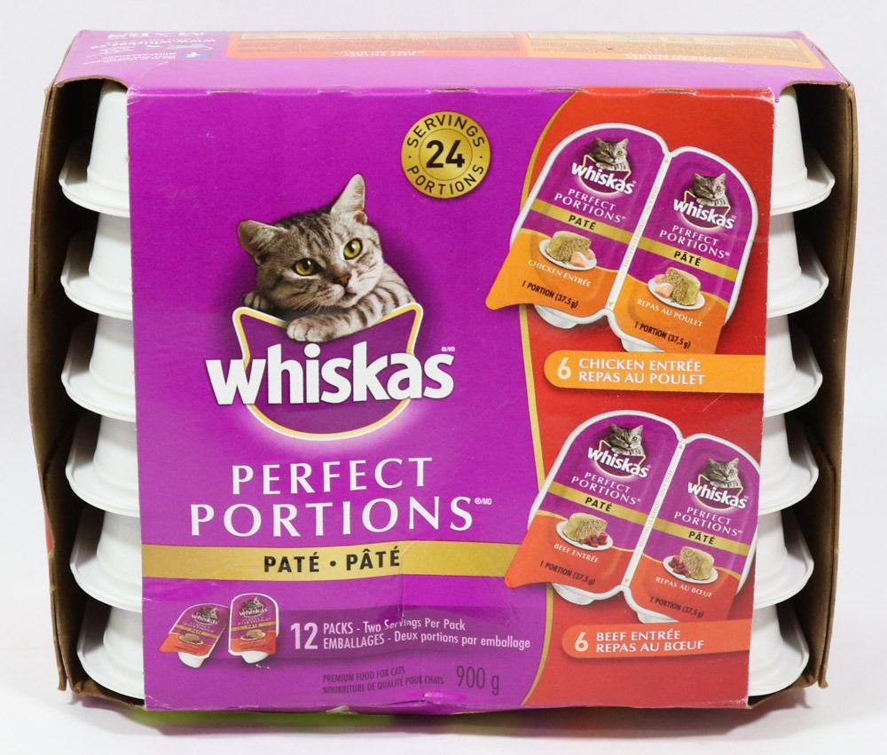 BOX OF 12 MOIST CAT FOOD, 2 SERVINGS PER PACK.