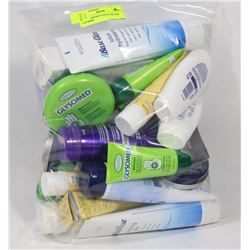 BAG OF ASSORTED HAND CREAMS AND MORE.