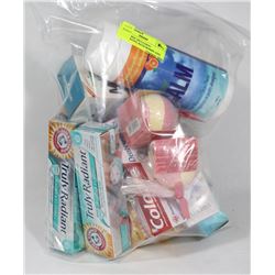 BAG OF MISC INCLUDING TOOTHPASTES, BATH BOMBS AND