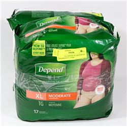2 PACKS OF DEPEND XL MODERATE ABSORBENCY 17 PER