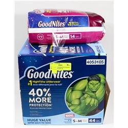 2 PACKS OF GOODNIGHTS DIAPERS SIZE S/M CONTAINS 58