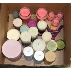 BOX OF ASSORTED CANDLES.
