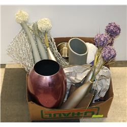 BOX OF ASSORTED SHOWHOME VASES DECOR AND MORE.