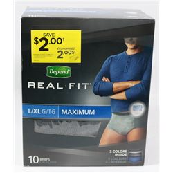 BOX OF DEPEND REAL FIT L/XL CONTAINS 10 UNDERWEAR.