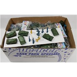 BOX OF NEW PLASTIC TOY SOLDIERS AND TANKS.