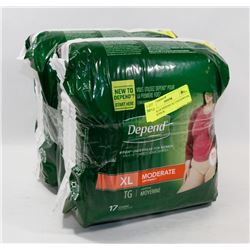 2 PACK OF DEPEND XL UNDERWEAR, 17 PER PACK.