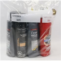 BAG OF ASSORTED SHAMPOOS BODY WASH AND HAIRSPRAY.