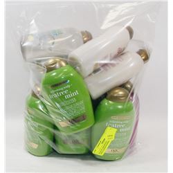 BAG OF ASSORTED OGX SHAMPOOS AND CONDITIONERS.