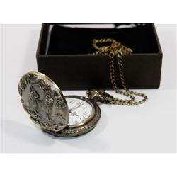 BRONZE POCKET WATCH WOLVES FACE BRONZE CHAIN.