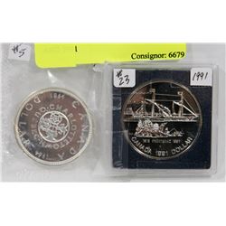 LOT OF 2 CANADA  $1 COINS,  1964 AND 1991