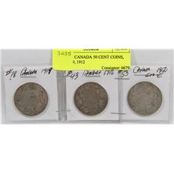 LOT OF 3 CANADA 50 CENT COINS, 1916, 1919, 1912
