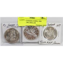 LOT OF 3 CANADA COINS, 1958 DOLLAR, 1961 DOLLAR