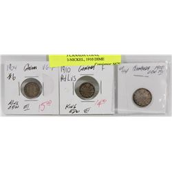 LOT OF 3 CANADA COINS, 1904,1910-NICKEL, 1910 DIME