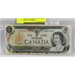 1973 CANADA $1 BILL, WITH POKER HAND SERIAL NUMBER