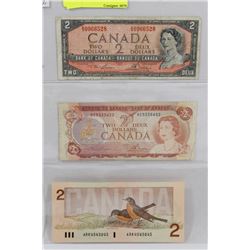LOT OF 3 CANADA $2 BILLS, 1954, 1974, 1986