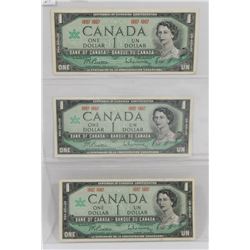 LOT OF 3 CANADA $1 BILLS, 1967, NO SERIAL NUMBER