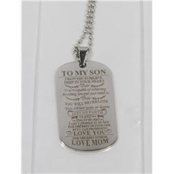 NEW SILVER “TO MY SON LOVE MOM” DOG TAG PENDANT WI