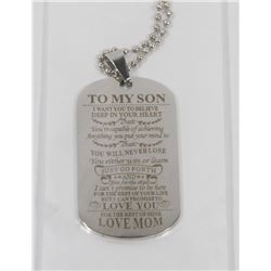 NEW SILVER “TO MY SON LOVE MOM” DOG TAG PENDANT WI