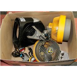 BOX OF 3 FANS, 2 CLAMP STYLE AND 1 DESK FAN