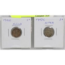 1941C, 1947 NEWFOUNDLAND SILVER 5 CENT COINS
