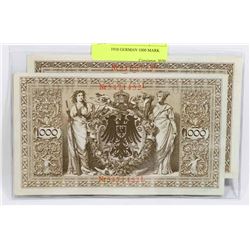 PAIR OF 1910 GERMAN 1000 MARK NOTE