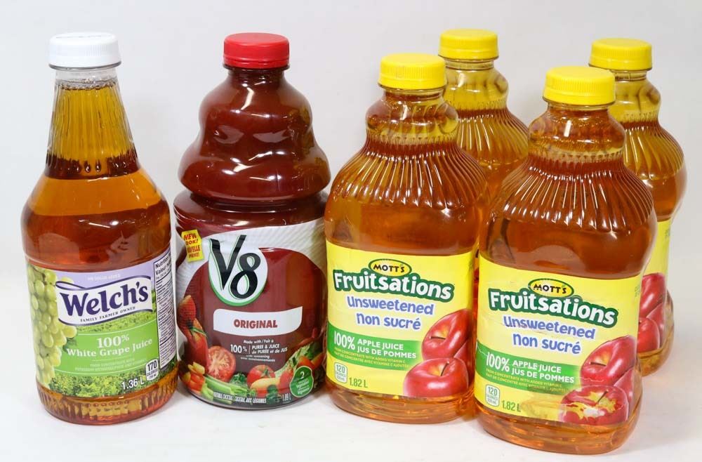 LARGE BAG OF ASSORTED JUICES.