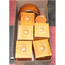 48) BOX OF ASSORTED WOOD CANISTERS & WOOD BOWLS