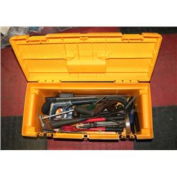 YELLOW RUBBERMAID TOOL BOX WITH TOOLS