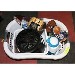 BOX OF ASSORTED ESTATE ITEMS, INCLUDING FAN AND