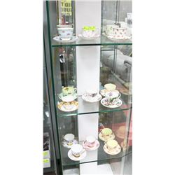 3 SHELVES OF ENGLISH CHINA, CUPS AND SAUCERS