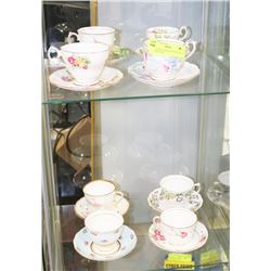 2 SHELVES OF ENGLISH CHINA, CUPS AND SAUCERS