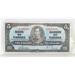 1937 CANADIAN $5.00 BANKNOTE.